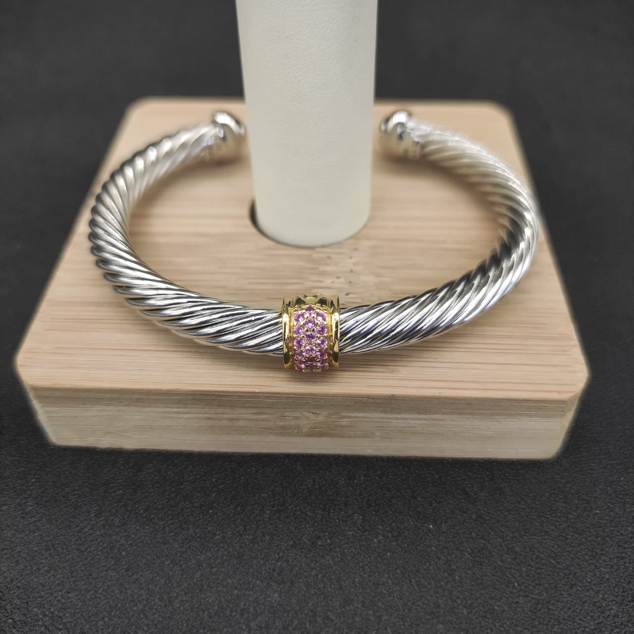 David Yurman Silver Cable Bracelet with Pink Gemstone